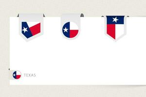 Label flag collection of US state Texas in different shape. Ribbon flag template of Texas vector