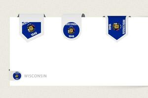 Label flag collection of US state Wisconsin in different shape. Ribbon flag template of Wisconsin vector