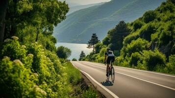 cyclist rides on a highway surrounded by green forests generative ai photo