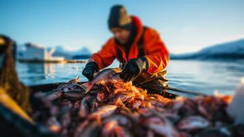 winter industrial fishing, fish in the net , sorting frozen fish in the port generative ai photo