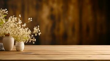 nature wooden display table mockup with flower for product advertising copy space generative ai photo