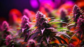 colorful cannabis buds under purple led light generative ai photo