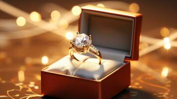 lujo oro compromiso anillo con diamante generativo ai foto