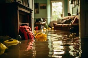 inundado habitación en el casa con cosas, tsunami arruinado personas propiedad generativo ai foto