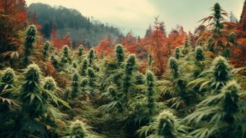 flowering marijuana plants autumn plantation, blooming cannabis generative ai photo