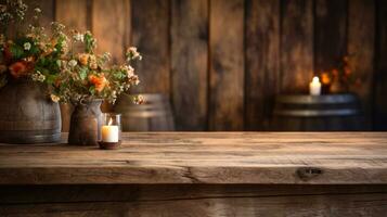 vacío de madera mesa con flores y un vela, copia espacio Bosquejo generativo ai foto