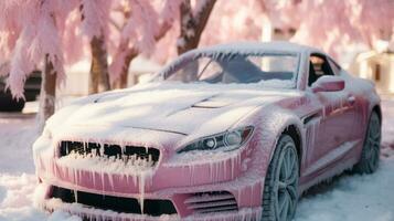 pink frozen car, frost winter car and sakura tree generative ai photo