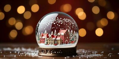 snow globe with snowflakes on red background with bokeh, copyspace. ai generative photo