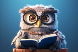 smart owl with glasses reading a book. ai generative photo