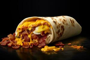 Potatoes, bacon and eggs in a breakfast burrito.ai generative photo