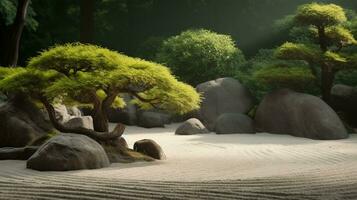 Japanese ZEN garden with stone in sand.ai generative photo