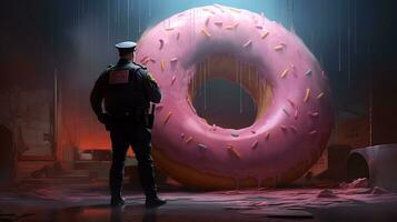 a policeman stands in front of a huge donut. ai generative photo