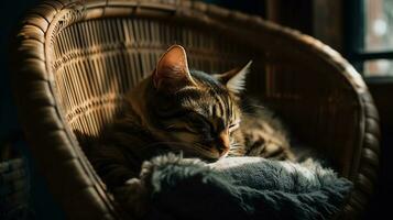 kitten dozing in a cozy armchair on an autumn day. ai generative photo