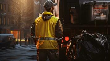 Worker collecting garbage of urban municipal are collecting for trash removal, view back. ai generative photo