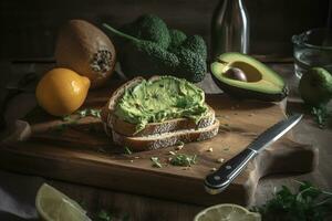 healthy breakfast toast with avocado on a wooden board. healthy eating and veganism. ai generative photo