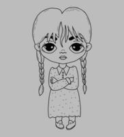 Little cute Wednesday girl with braids with dress. Vector illustration. Hand outline drawing.