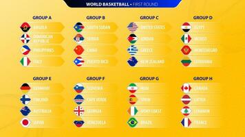 2023 Basketball tournament icons with flags sorted by group. vector