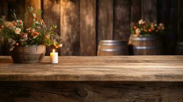 vacío de madera mesa con flores y un vela, copia espacio Bosquejo generativo ai foto