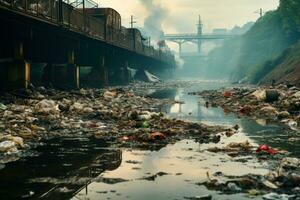 indio río contaminado con basura y residuos generativo ai foto