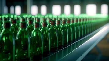 Green glass bottles without labels on the conveyor. Conveyor belt with bottles. photo