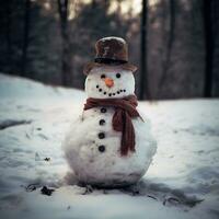 Snowman close- up. Realistic snowman in winter forest. photo