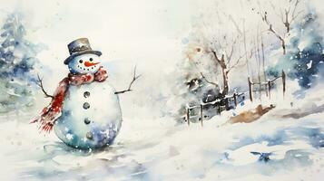 Snowman, watercolor illustration in retro style. photo