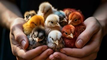 colorful cute chicks in hand generative ai photo