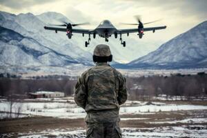 militar hombre pasando formación zumbido controlar sin personal aéreo vehículo generativo ai foto