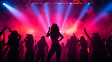 silhouette dancing womens, colorful disco club generative ai photo