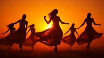 un equipo de muchachas en vestidos bailando a puesta de sol generativo ai foto