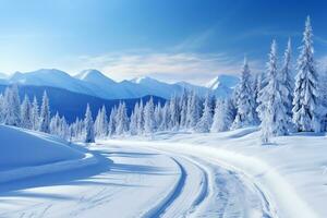 Snowy and frozen mountain road in winter landscape. ai generative photo