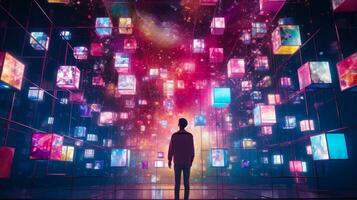 vr simulation man in the colorful artificial c, the time of technology and artificial intelligence generative ai photo