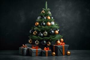 Beautiful Christmas banner with Christmas decorations, gift boxes. ai generative photo