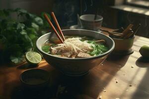 vietnamese pho soup, meat pieces and rice noodles in soup, chopsticks, parsley, lime, vietnamese breakfast. ai generative photo