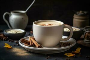 mug filled with ashwagandha latte, cinnamon stick and saucer. ai generative photo