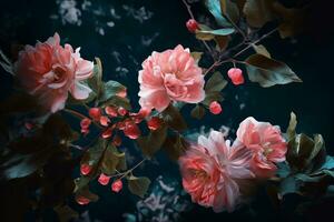 imagen con flores y hojas en un oscuro antecedentes con un rosado flor. ai generativo foto