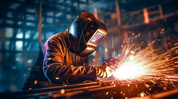 welder is welding metal , industry them bokeh and sparkle background.ai generative photo