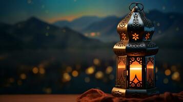 Ramadan lantern with Islamic inscriptions on the hills of the mountains with lights in the background and decorative lights in the front.ai generative photo