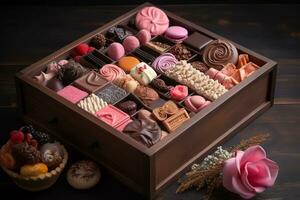 wooden box with different types of sweets and pastries. ai generative photo