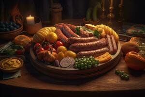 italian fried sausage and vegetables on a wooden board. ai generative photo