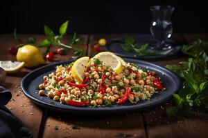 Chickpea Salad with Quinoa, sweet red pepper, herbs and lemon. Healthy food.ai generative photo