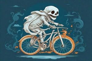white ghost riding a bicycle scary halloween  on navy blue background photo