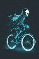 white ghost riding a bicycle scary halloween  on navy blue background photo