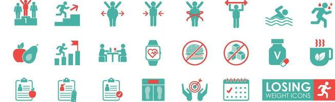 Losing weight icon set. Solid icons vector collection. Contains a healthy lifestyle, healthy eating, diet, exercise, and a checklist.