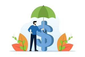 income protection insurance concept, protecting investment money or wealth, securing savings in economic crisis, confident businessman holding big umbrella covering money dollar sign. vector