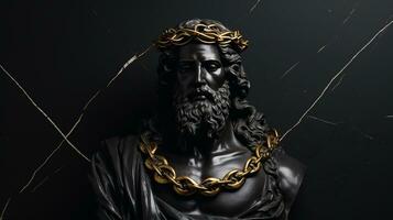 black, marble sculpture or statue of Jesus Christ in a golden crown of thorns, the Savior of mankind. ai generative photo