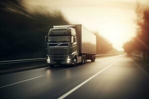 Truck on the road with motion blur background. The concept of cargo transportation and fast delivery. ai generative photo