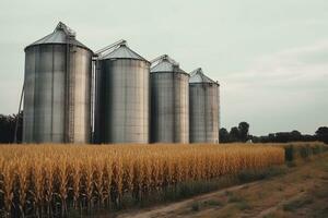 un conjunto de silos para Procesando agrícola productos siguiente a un campo.ai generativo foto