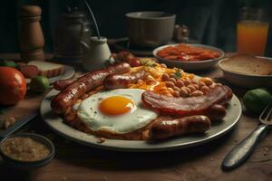 fried eggs, fried sausages, crispy fried bacon slices, stewed beans, toast on a white plate, british breakfast. ai generative photo