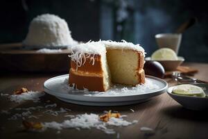 Coconut cake on a wooden table. ai generative photo